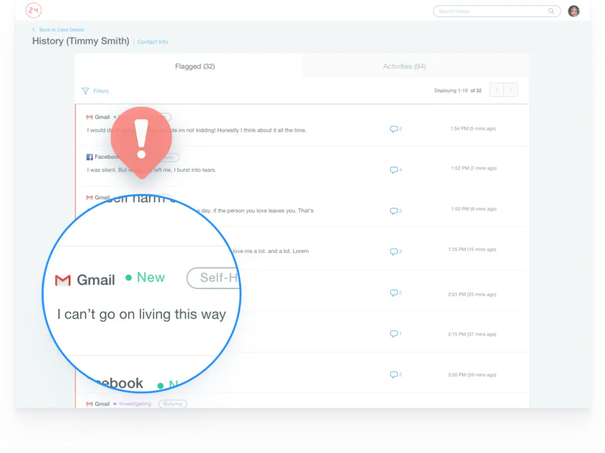 Screenshot of a activity feed of a student, with alert icon atop a magnified Gmail activity reading ‘I can’t go on living this way’