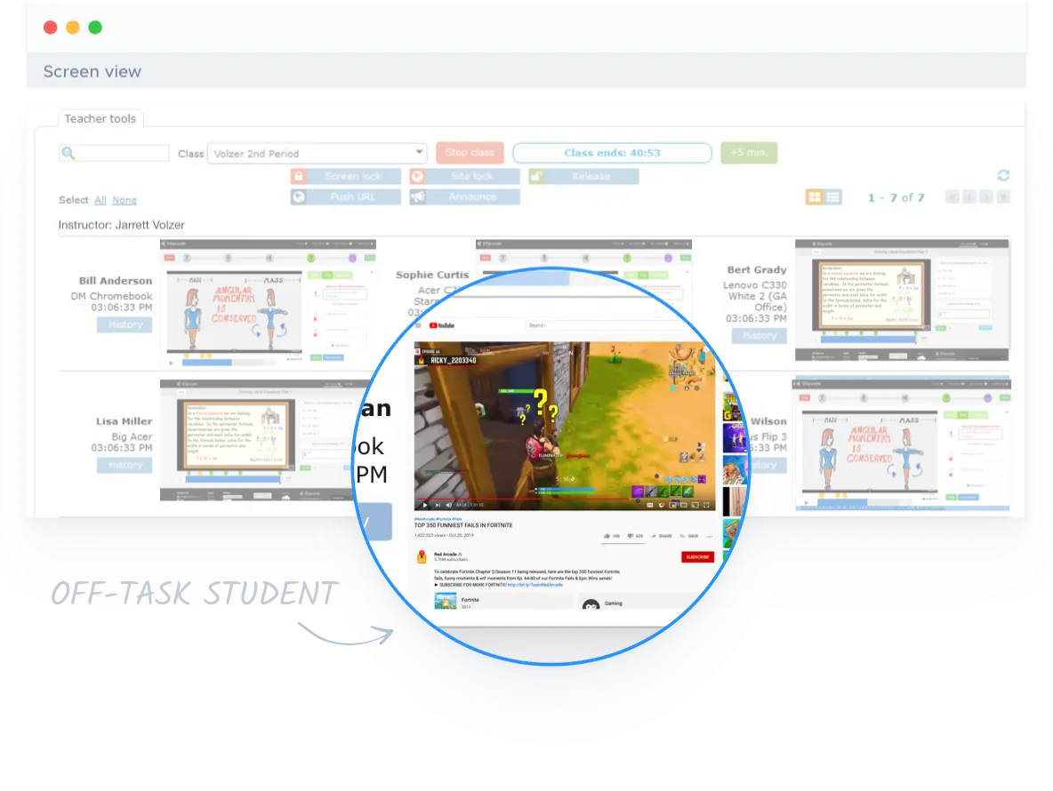 Screenshot of a student screen, with YouTube window magnified to highlight that the student is off-task