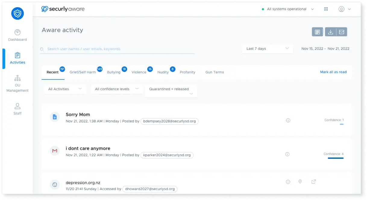Screenshot of a student activity feed in Securly Aware
