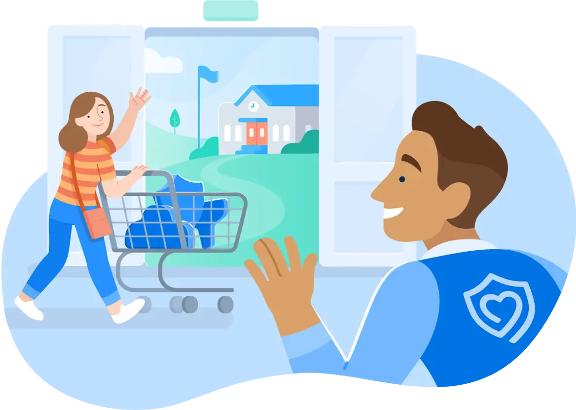 Illustration of a person going out of a store with a shopping cart containing Securly products, a Securly specialist waving bye
