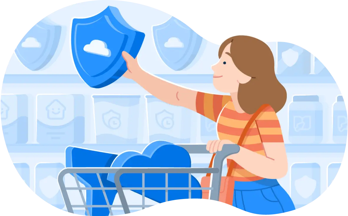 Illustration of person adding the an object shaped like a shield to the shopping cart