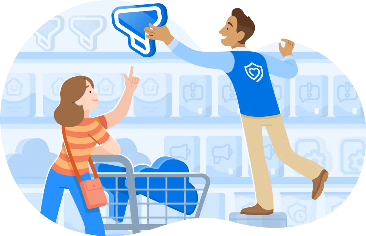 Illustration of a Securly Specialist handing down the Securly Filter product to a person’s shopping cart