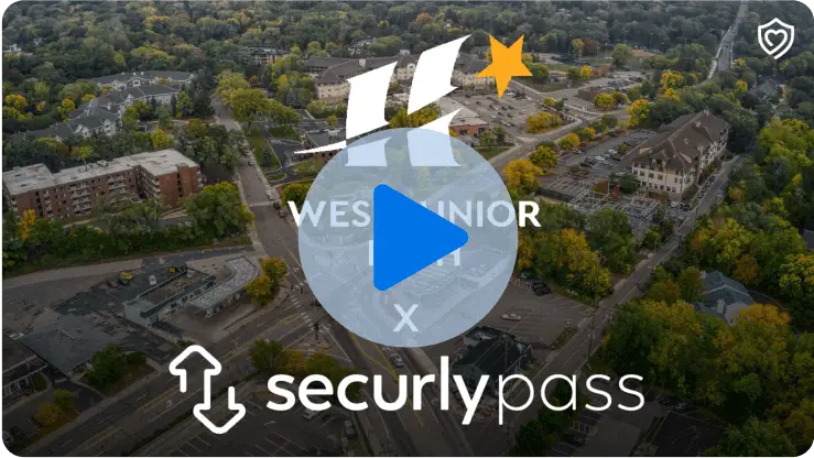 Logos of West Junior High School and Securly Pass logos with with a ‘video playback’ icon at the center