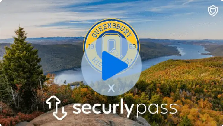 Logos of Queensbury High School and Securly Pass logos with with a ‘video playback’ icon at the center