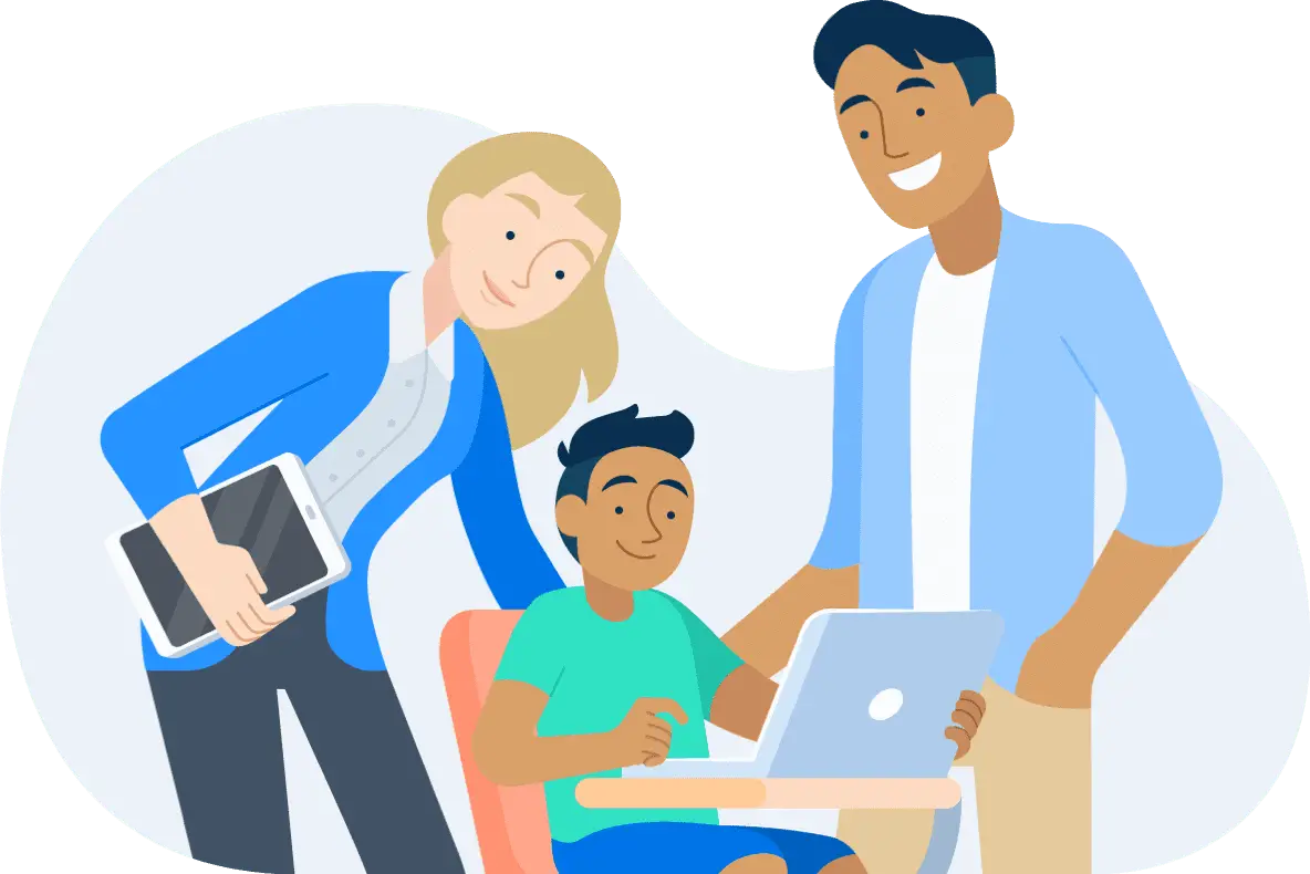 Illustration of a student working on his laptop with a parent and teacher beside them.
