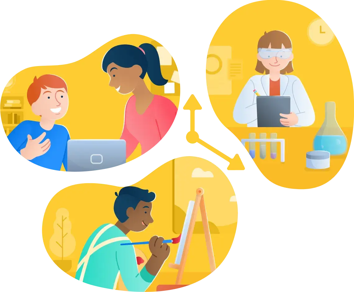 Illustration of students and a teacher using Securly Flex on various devices