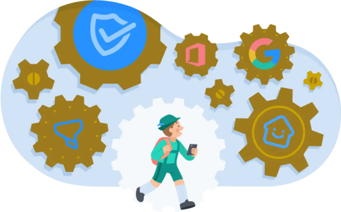 Illustration of a student with a phone against a background displaying Securly product  logos on gear icons