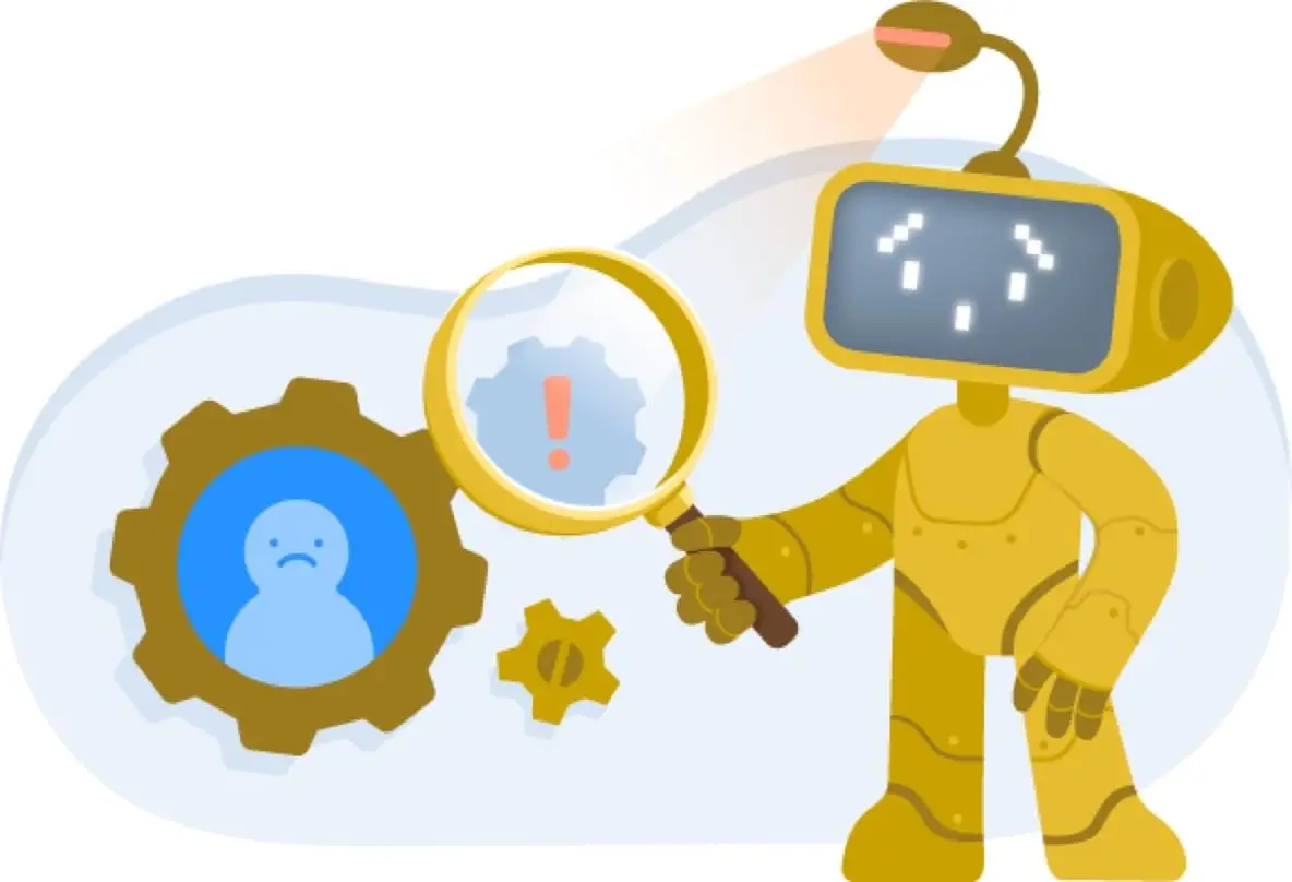Illustration of a robot holding a magnifying glass, carefully searching for signs of an unwell student with a concerned look