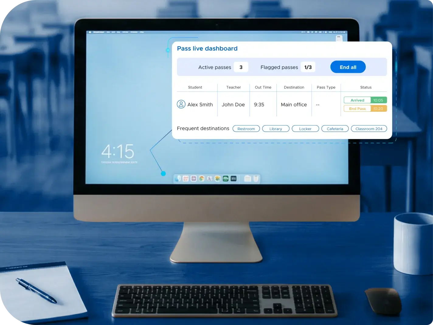 Securly Pass live dashboard showing active hall passes, destinations, and time out of class
