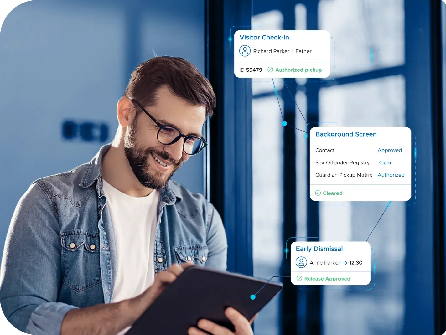 Securly Pass visitor management screen validating check-ins and approved contacts
