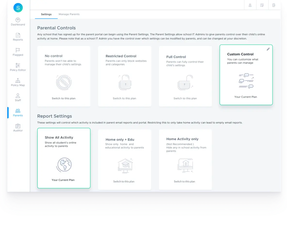 Screenshot of Parent settings in Securly Filter