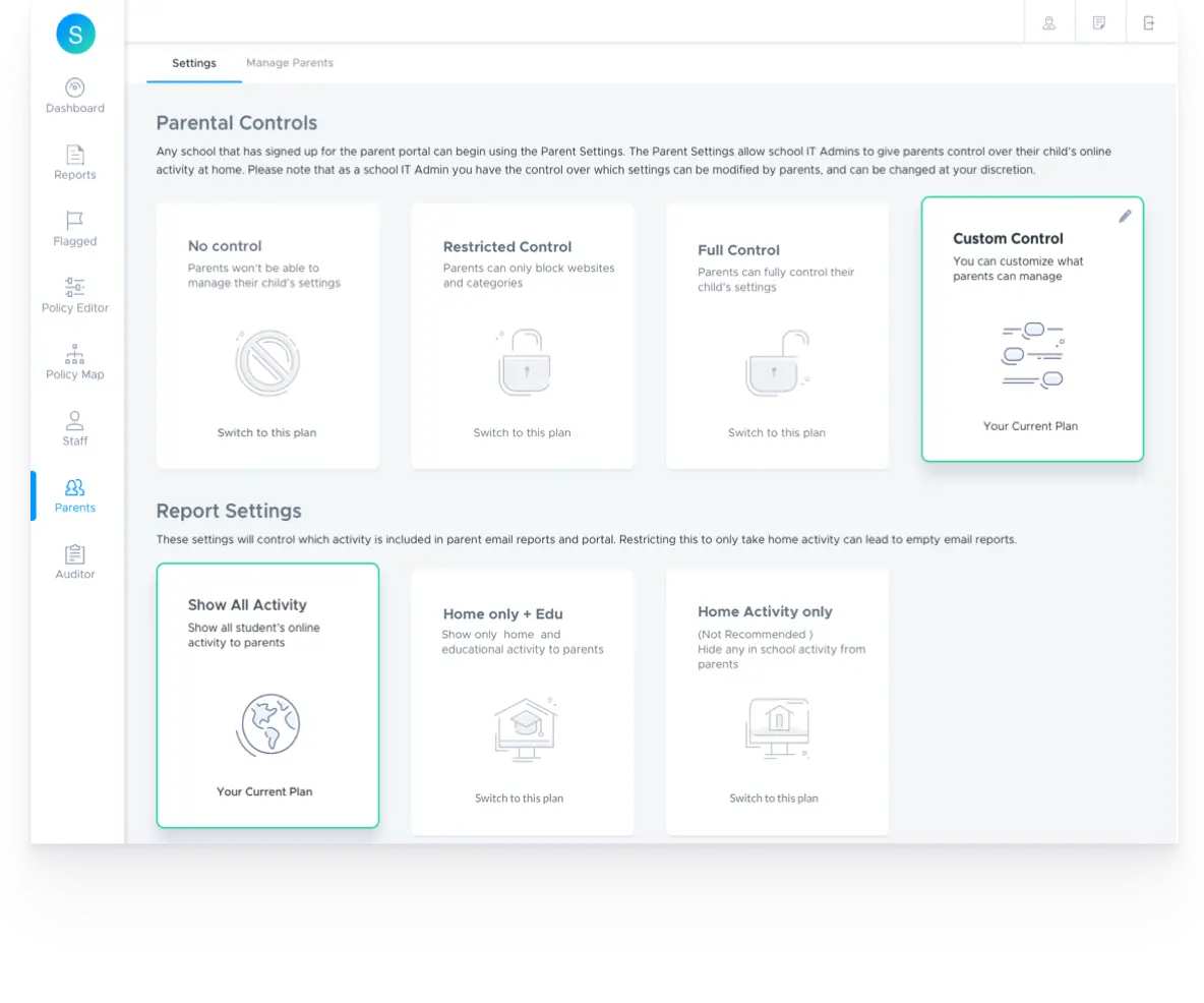 Screenshot of the ‘Parental Controls’ dashboard in Securly Filter