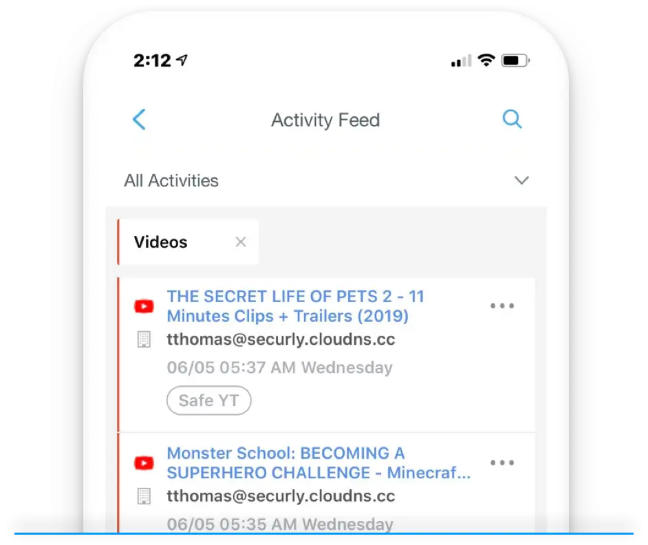 A mockup of the Activity Feed in Securly Home app displaying a list of videos a kid has seen on their device