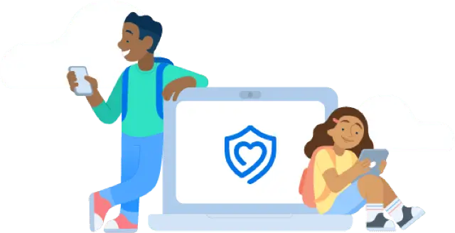 Illustration of a student resting his hand on a large laptop displaying the Securly logo, with the other one sitting on it