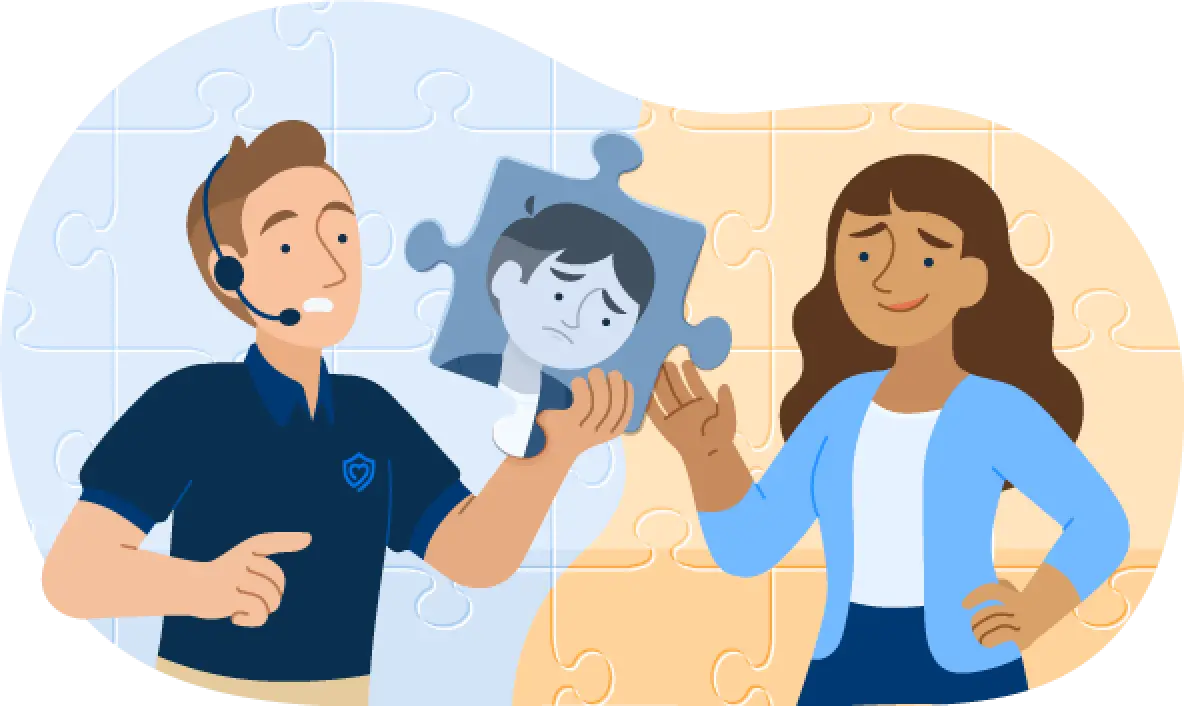 Illustration of a Securly specialist handing out an image of an at-risk student to a teacher.