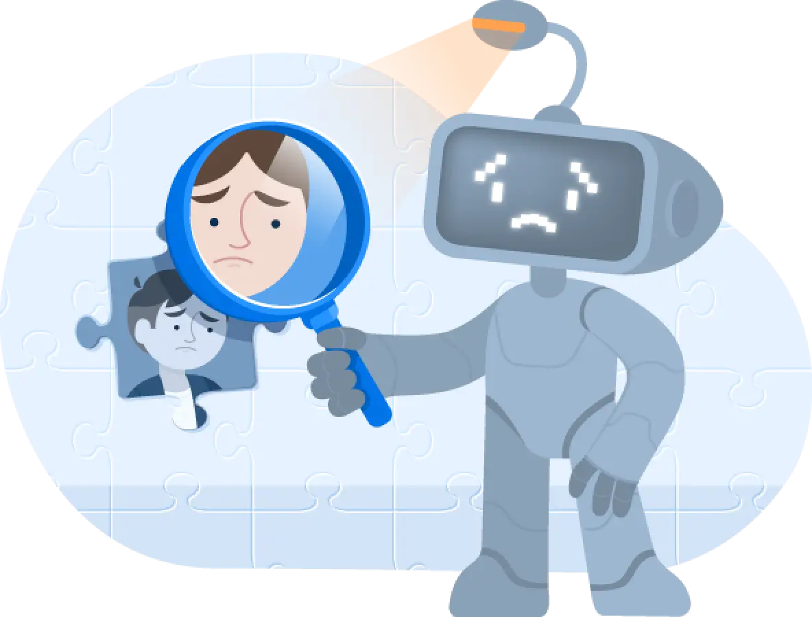 Illustration of a robot pointing a magnifying glass on an image of a student