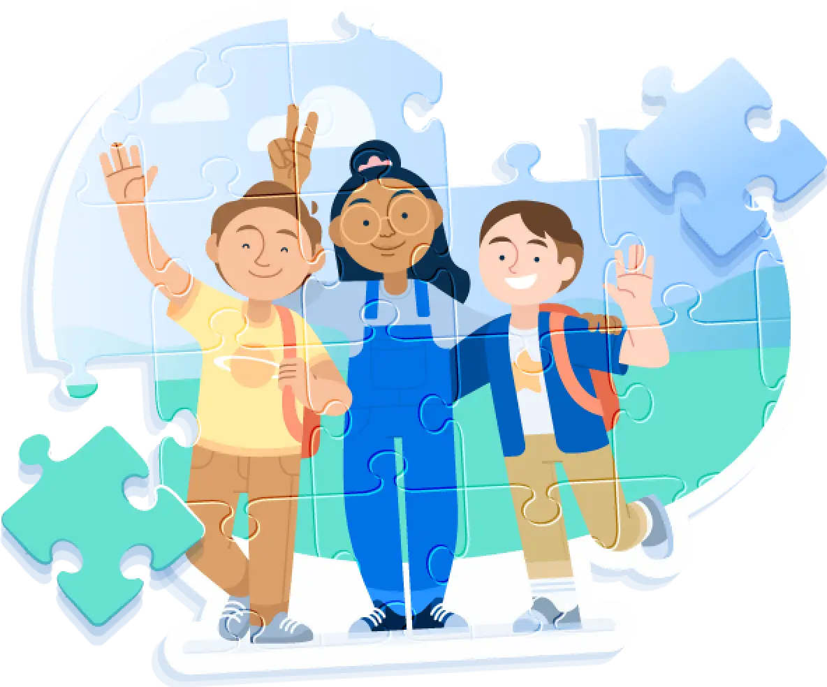 Illustration of puzzle pieces forming an image of three students, with few pieces lying around