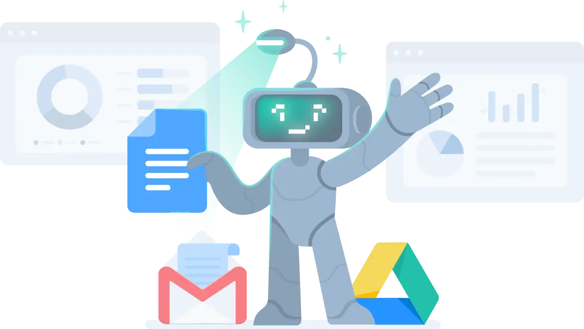 Illustration of robot scanning Google documents, Gmail, and Google Drive.