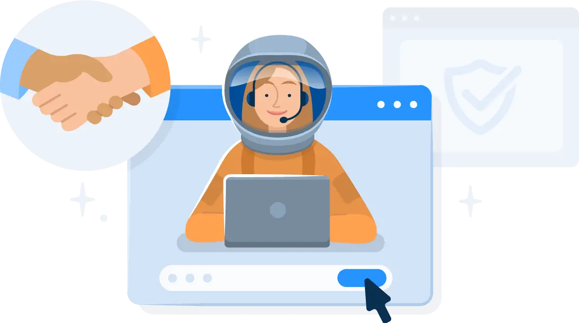 Illustration of a customer support executive working on their laptop in an astronaut gear
