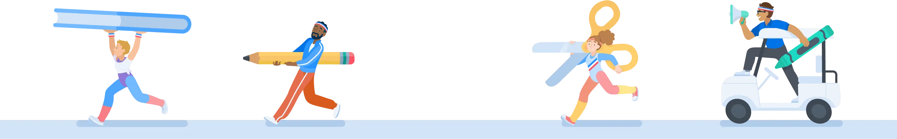 Illustration of people participating in a race while lifting large stationery items along with a person on a golf cart cheering