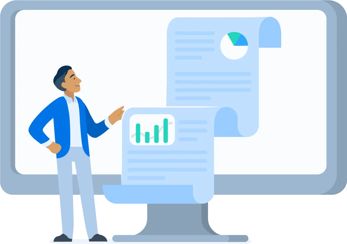 Depiction of an educator reviewing a report displayed on a large monitor.
