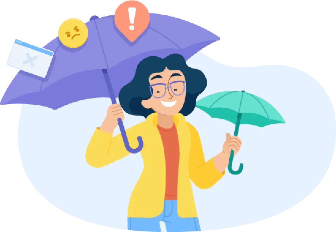 Illustration of an adult holding two umbrellas, with icons of a browser window, angry emoji, and alert on top of the larger one