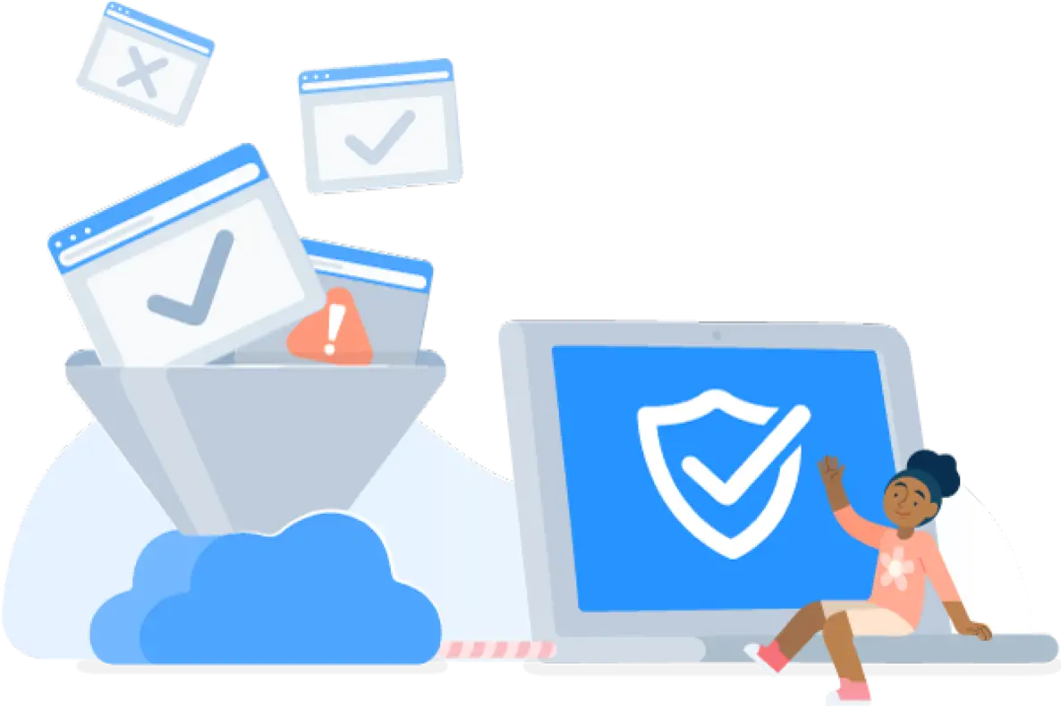 Illustration of a funnel pulling in browser windows and a student sitting atop a large laptop, waving hello.