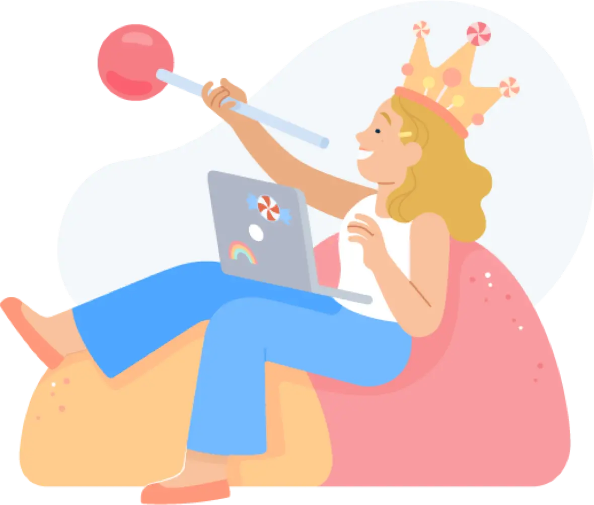 Illustration of a student dressed as a princess sitting on a bean bag with a laptop while holding a wand playfully