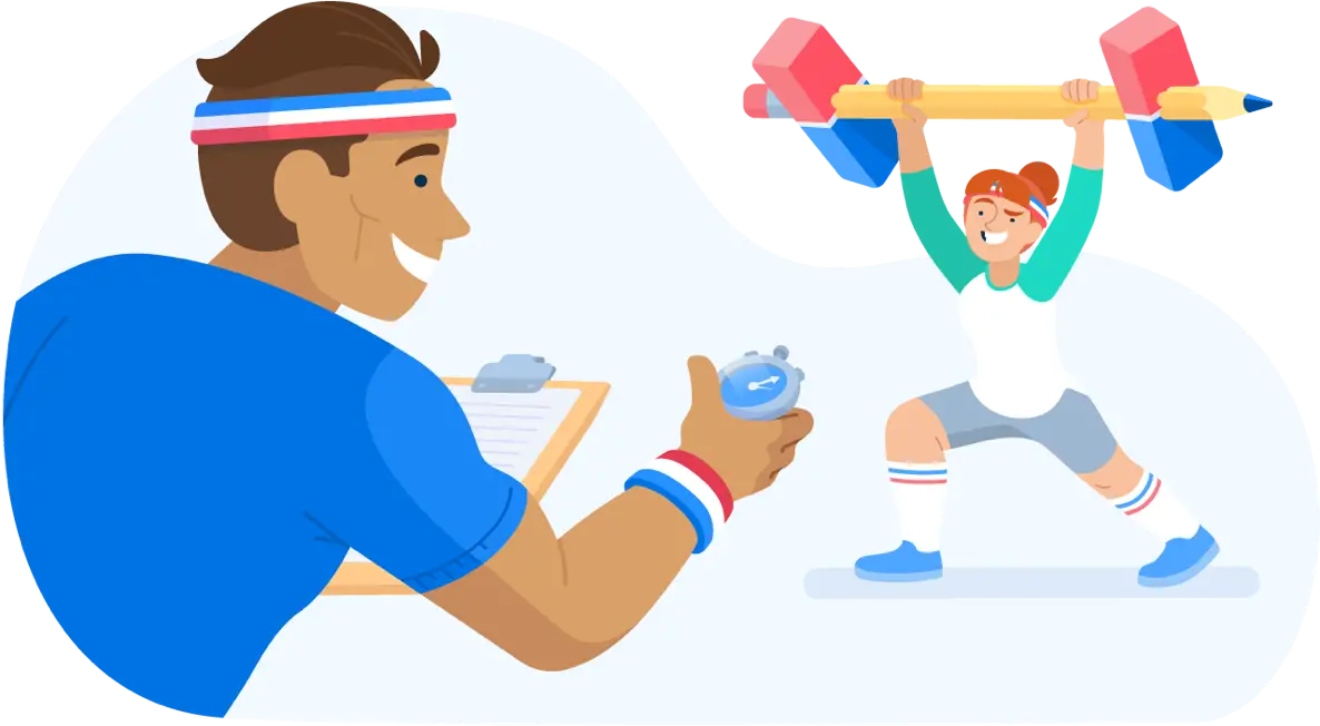 Illustration of a Securly personnel using a stopwatch to time someone lifting weights made of a pencil and erasers