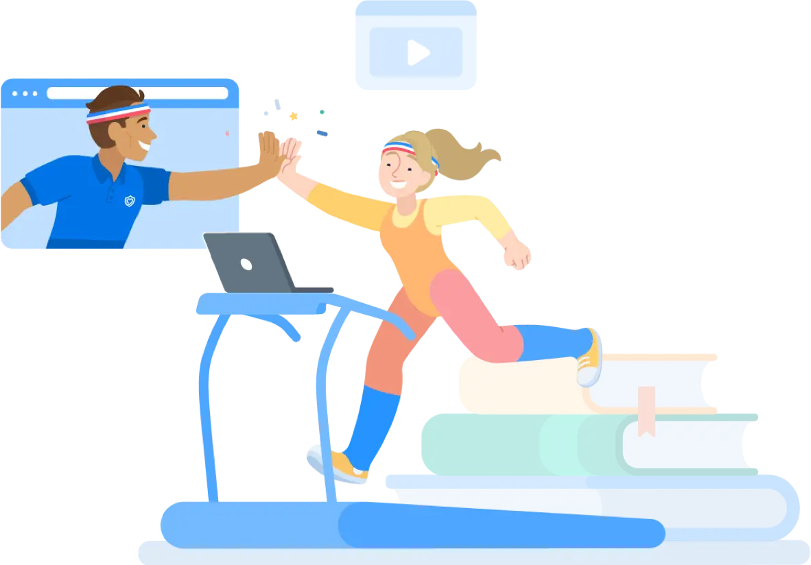 Illustration of a person running on a treadmill, high-fiving a Securly personnel emerging from a web browser
