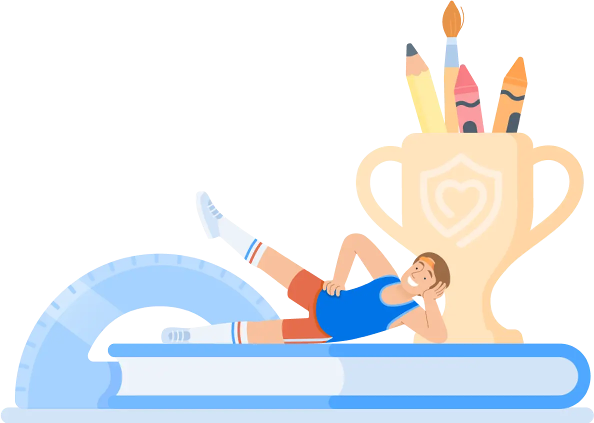 Illustration of a person exercising on top of a book larger than them, with a trophy cup filled with stationery items