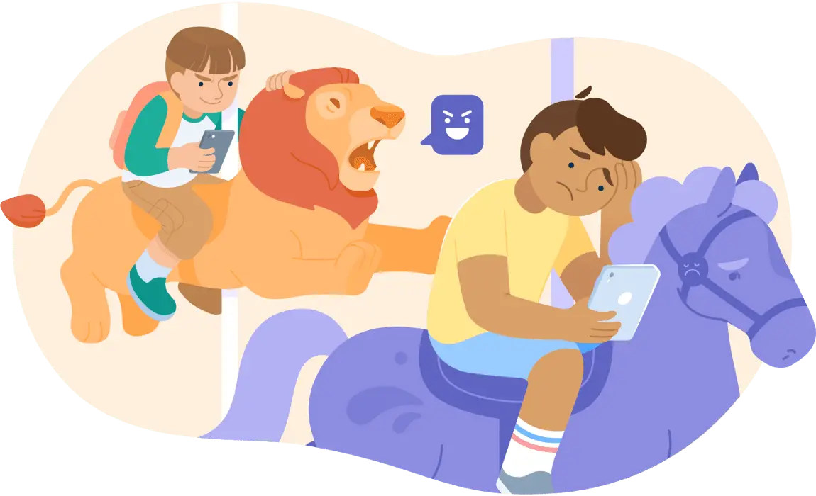 Illustration of one student bullying another student via text messages while they ride merry-go-round carousel