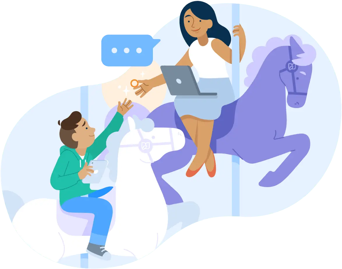 Illustration of a teacher lending a hand to while they ride merry-go-round carousel