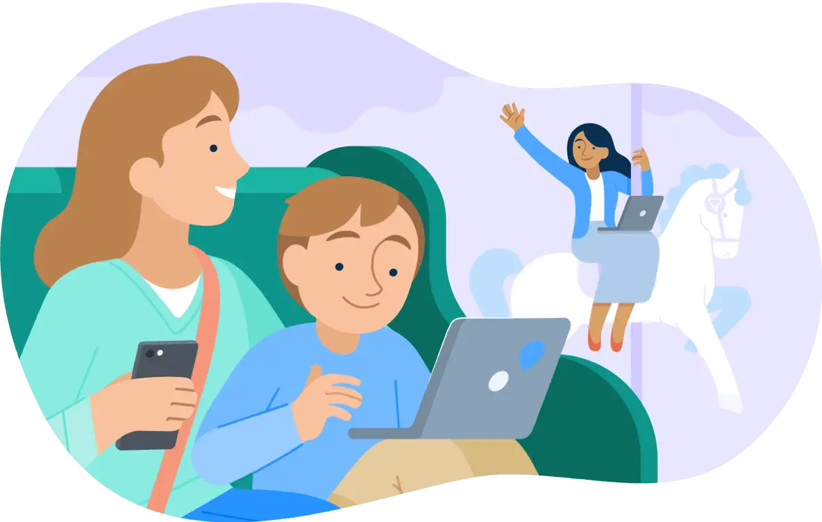 Illustration of student looking at the laptop screen beside the parent, while the teacher waves a goodbye