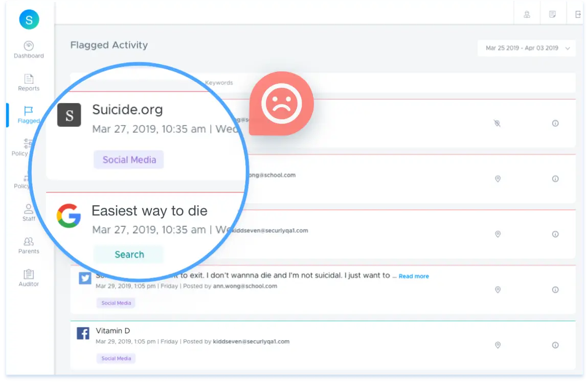 Screenshot of flagged activities in Securly Filter