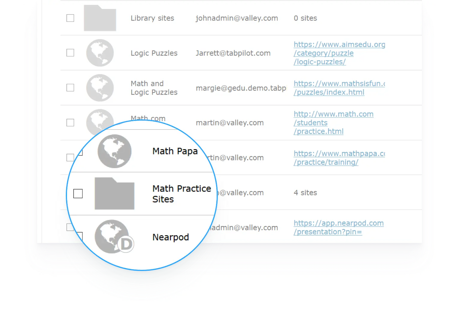 Screenshot of a list of folders containing resources for students.