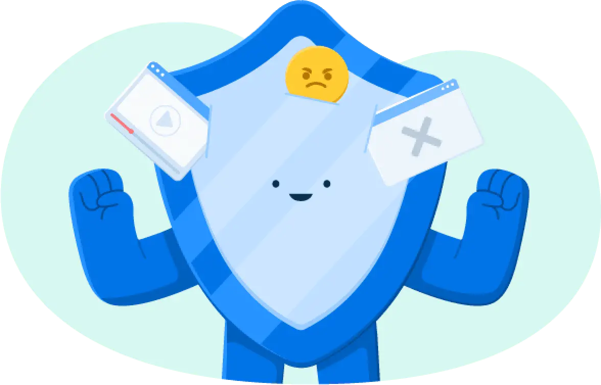 Illustration of a mascot in the shape of a shield absorbing browser windows and an angry emoji