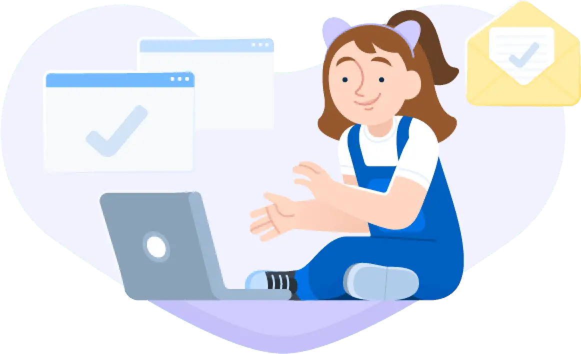 Illustration of a student sitting on the floor with their laptop, with icons of browser windows and email floating around