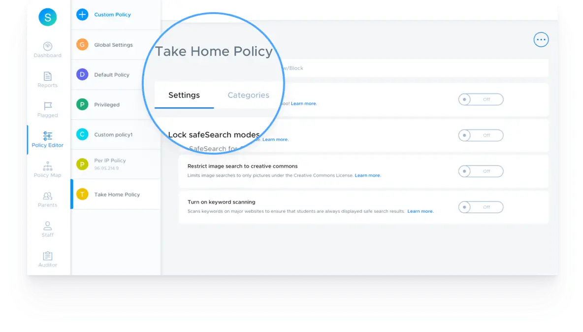Screenshot of the policy editor dashboard in Securly Filter