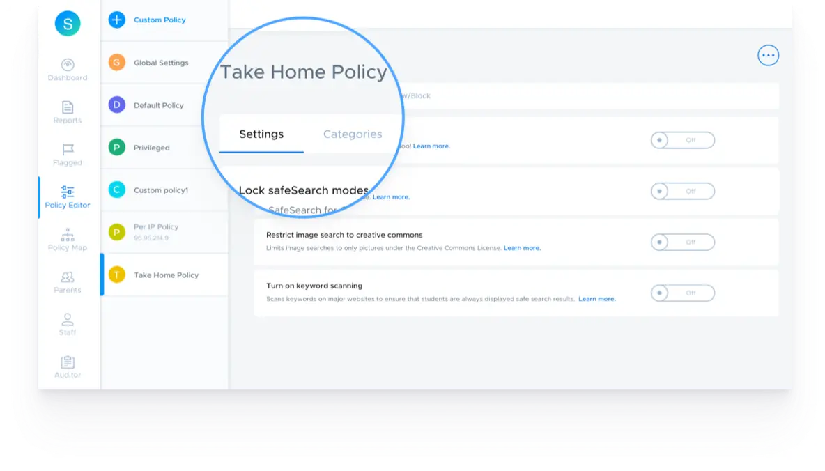 A screenshot of the Policy Editor settings in Securly Filter interface